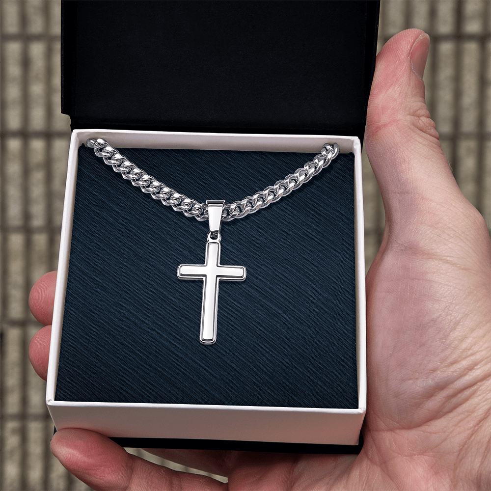 Engraved Cuban Cross Chain Necklace, Famprecious Gifts Personalized Cuban Link Cross Chain