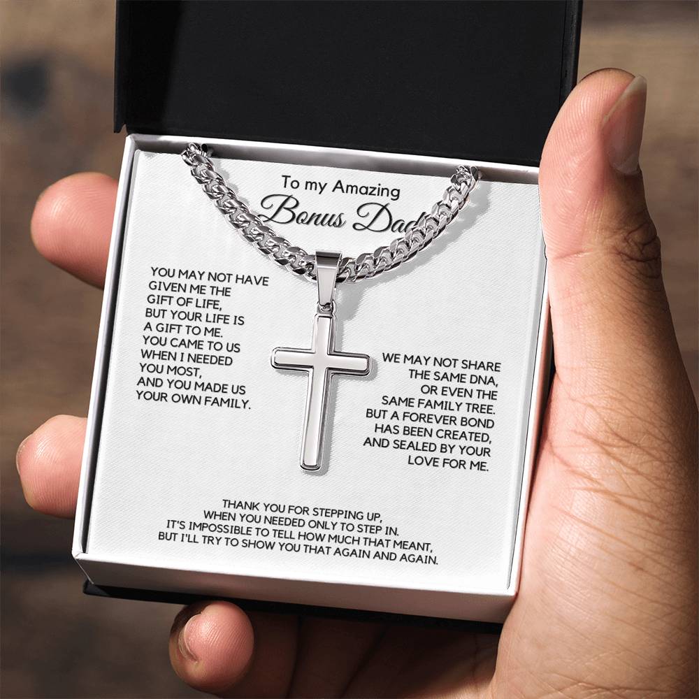 Gift for Bonus Dad from Daughter - Christian Cross Necklace Gift - Thank you for Stepping Up!