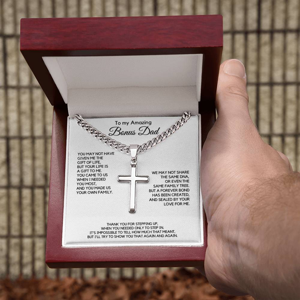 Gift for Bonus Dad from Daughter - Christian Cross Necklace Gift - Thank you for Stepping Up!