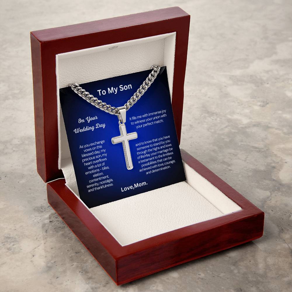 Gift from Mom to Son on His Wedding Day - Cuban Chain with Artisan Cross Necklace