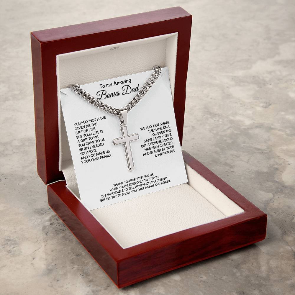 Gift for Bonus Dad from Daughter - Christian Cross Necklace Gift - Thank you for Stepping Up!