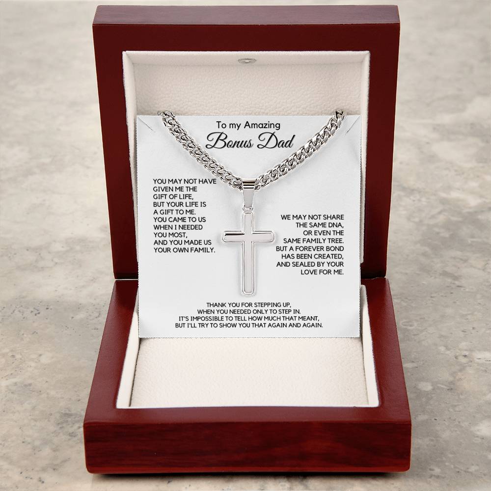Gift for Bonus Dad from Daughter - Christian Cross Necklace Gift - Thank you for Stepping Up!