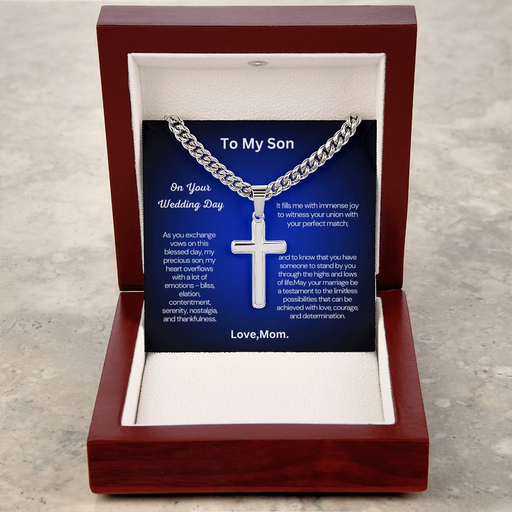 Gift from Mom to Son on His Wedding Day - Cuban Chain with Artisan Cross Necklace