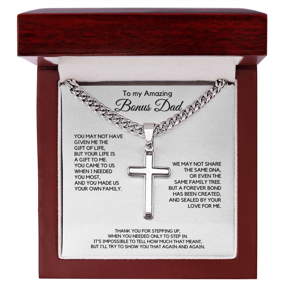 Gift for Bonus Dad from Daughter - Christian Cross Necklace Gift - Thank you for Stepping Up!