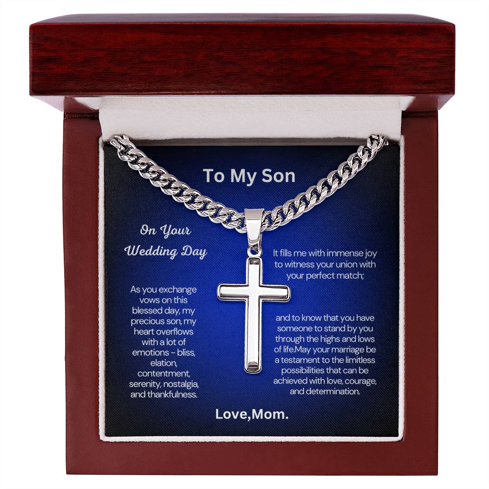 Gift from Mom to Son on His Wedding Day - Cuban Chain with Artisan Cross Necklace