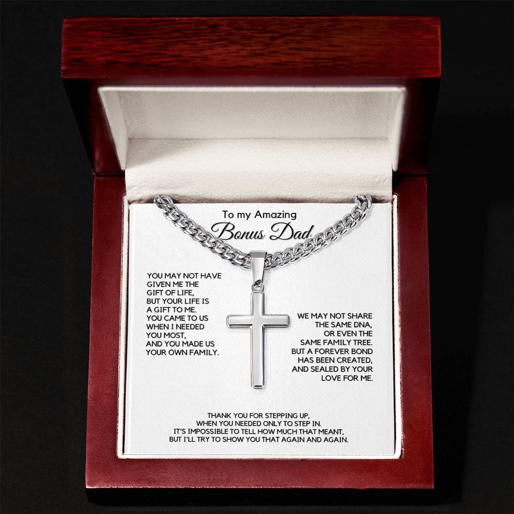 Gift for Bonus Dad from Daughter - Christian Cross Necklace Gift - Thank you for Stepping Up!