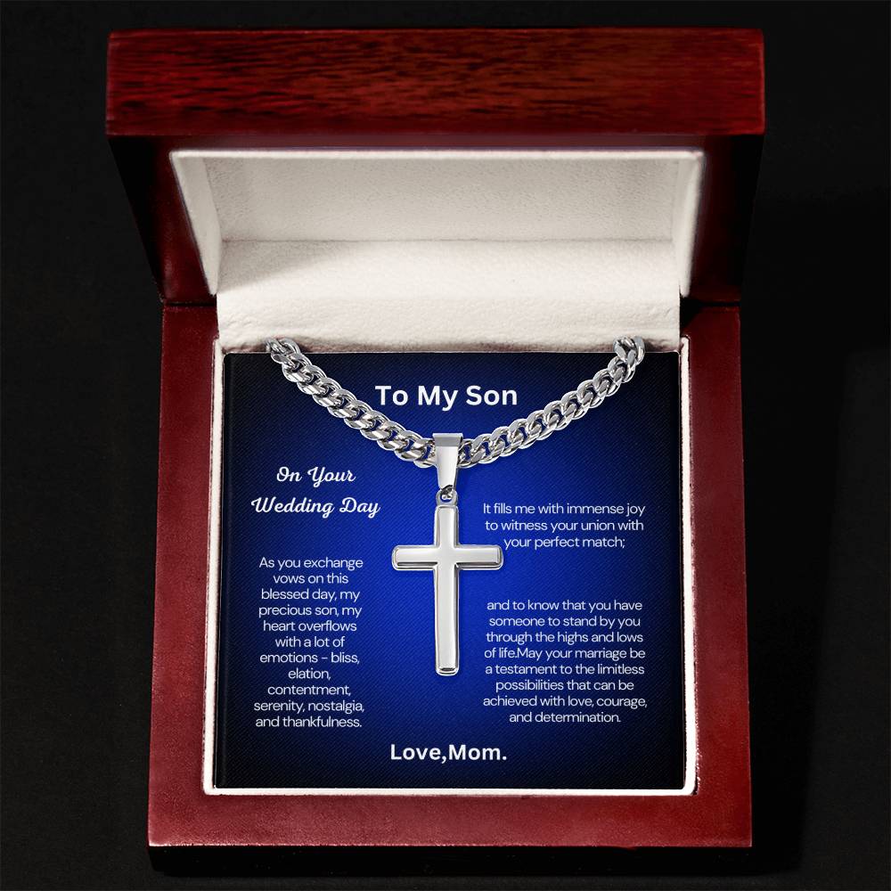 Gift from Mom to Son on His Wedding Day - Cuban Chain with Artisan Cross Necklace