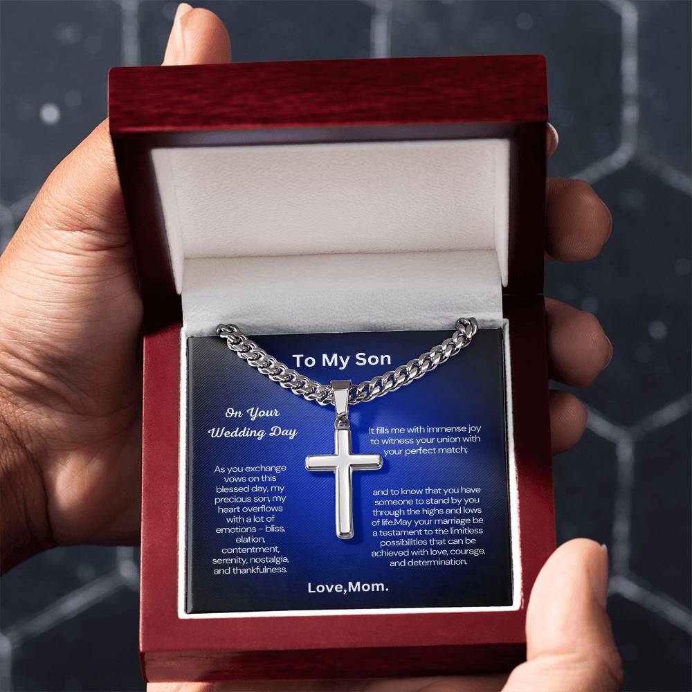 Gift from Mom to Son on His Wedding Day - Cuban Chain with Artisan Cross Necklace