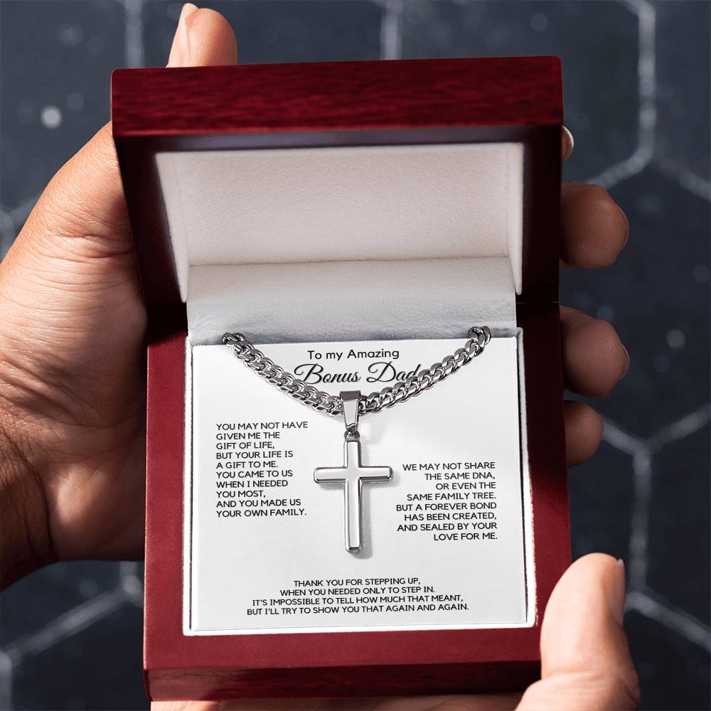 Gift for Bonus Dad from Daughter - Christian Cross Necklace Gift - Thank you for Stepping Up!