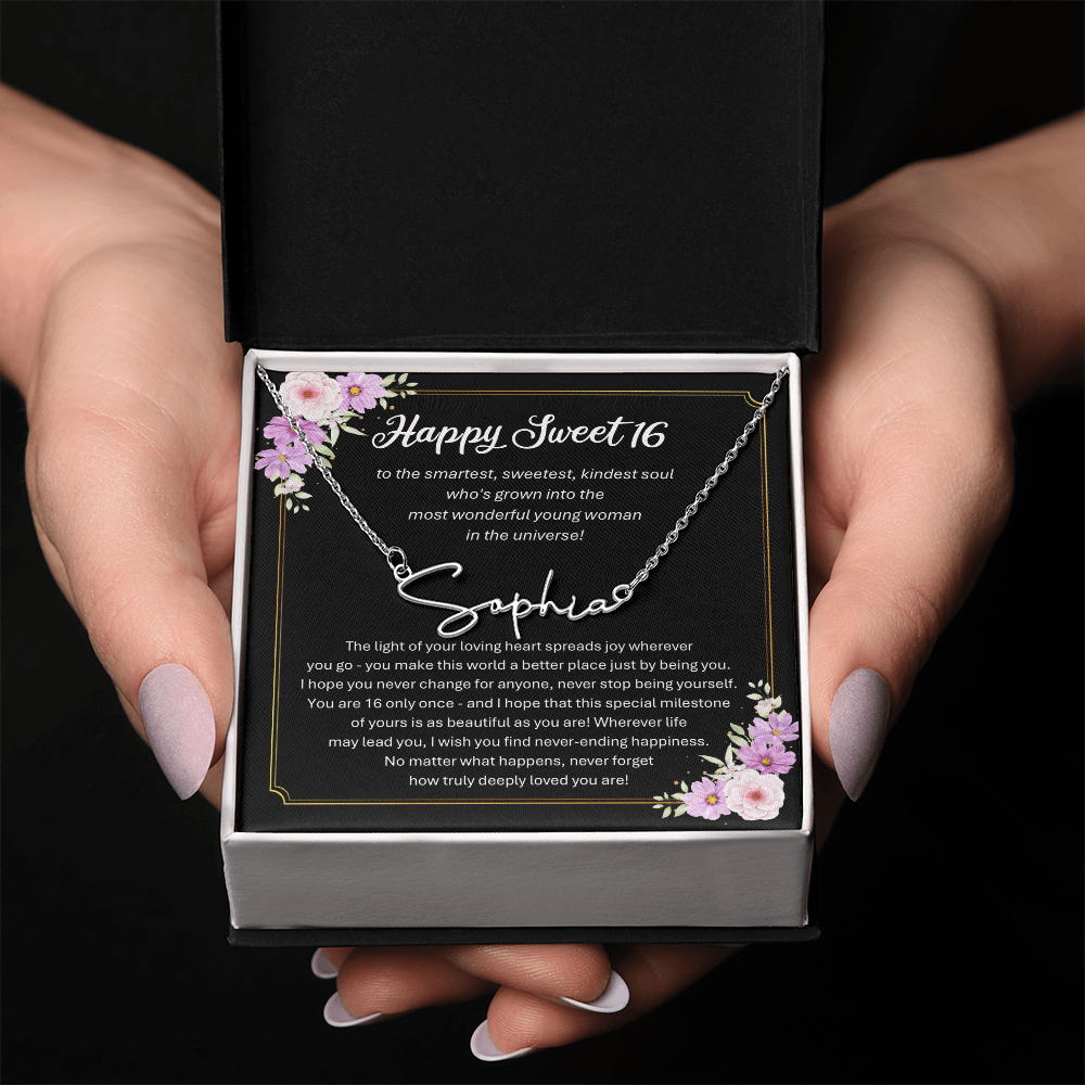 Personalized Sweet 16 Birthday Gift – Custom Signature Style Name Necklace – Unique Name Plate Necklace for Granddaughter from Grandma or Daughter from Mom