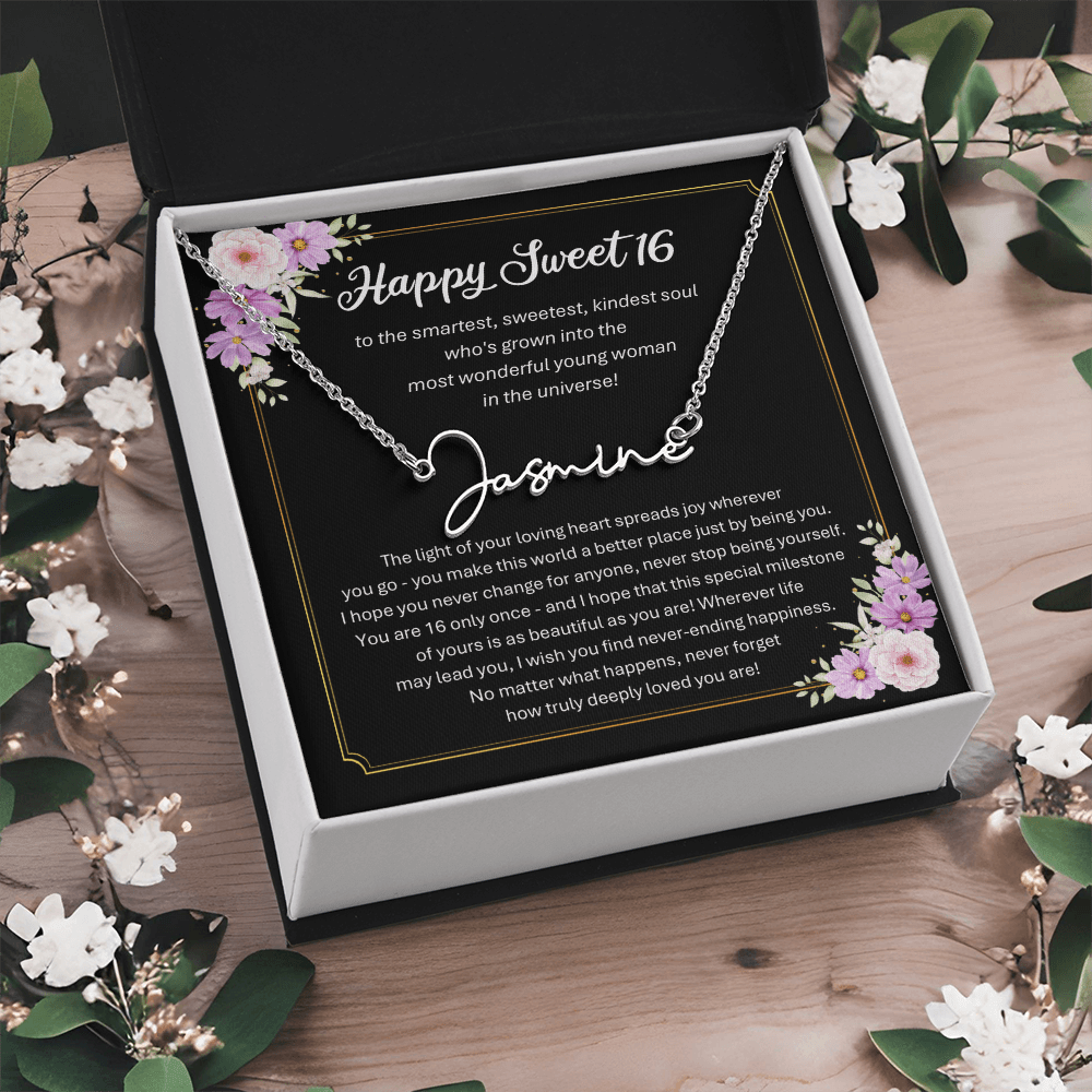 Personalized Sweet 16 Birthday Gift – Custom Signature Style Name Necklace – Unique Name Plate Necklace for Granddaughter from Grandma or Daughter from Mom
