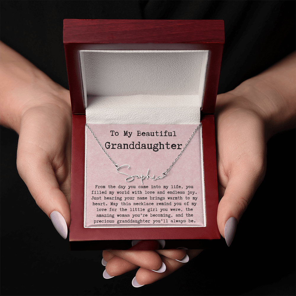 Personalized Birthday Gift for Granddaughter – Custom Signature Style Name Necklace – Unique Name Plate Necklace from Grandma, Nana, or Grandpa