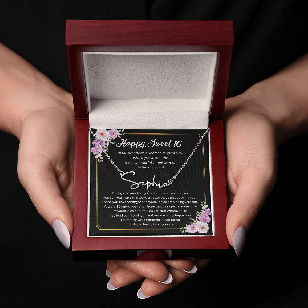 Personalized Sweet 16 Birthday Gift – Custom Signature Style Name Necklace – Unique Name Plate Necklace for Granddaughter from Grandma or Daughter from Mom