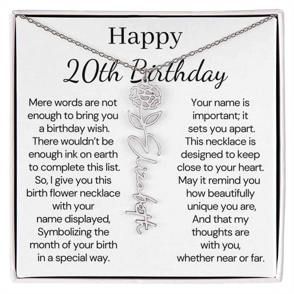 Personalized 20th Birthday Gift for Her – Customized Birth Flower Name Necklace – 20th Birthday Jewelry Gift for Daughter, Granddaughter, or Niece