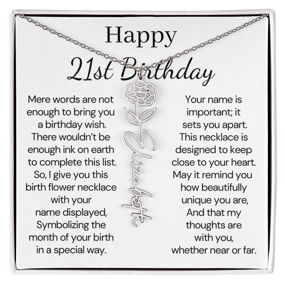 Personalized 21st Birthday Gift for Her – Customized Birth Flower Name Necklace – 21st Birthday Jewelry Gift for Granddaughter, Daughter, or Niece