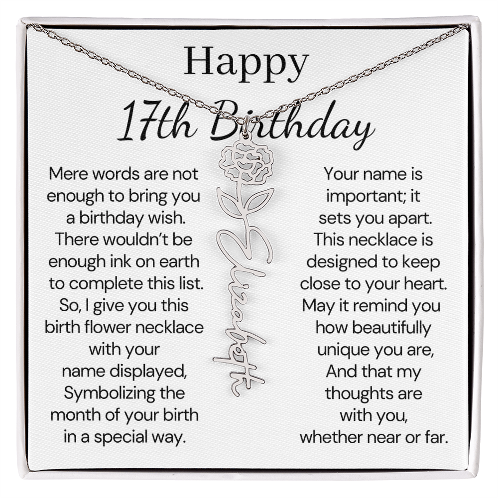Personalized 17th Birthday Gift for Her – Customized Birth Flower Name Necklace – Jewelry Gift for Daughter, Granddaughter, or Niece