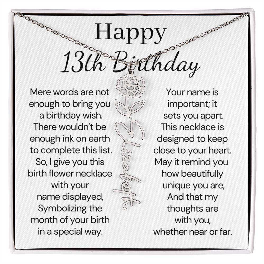 Personalized 13th Birthday Gift for Her – Customized Birth Flower Name Necklace – Teen Birthday Jewelry Gift for Granddaughter, Daughter, or Niece