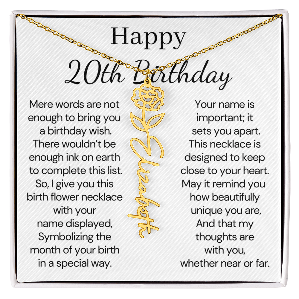 Personalized 20th Birthday Gift for Her – Customized Birth Flower Name Necklace – 20th Birthday Jewelry Gift for Daughter, Granddaughter, or Niece
