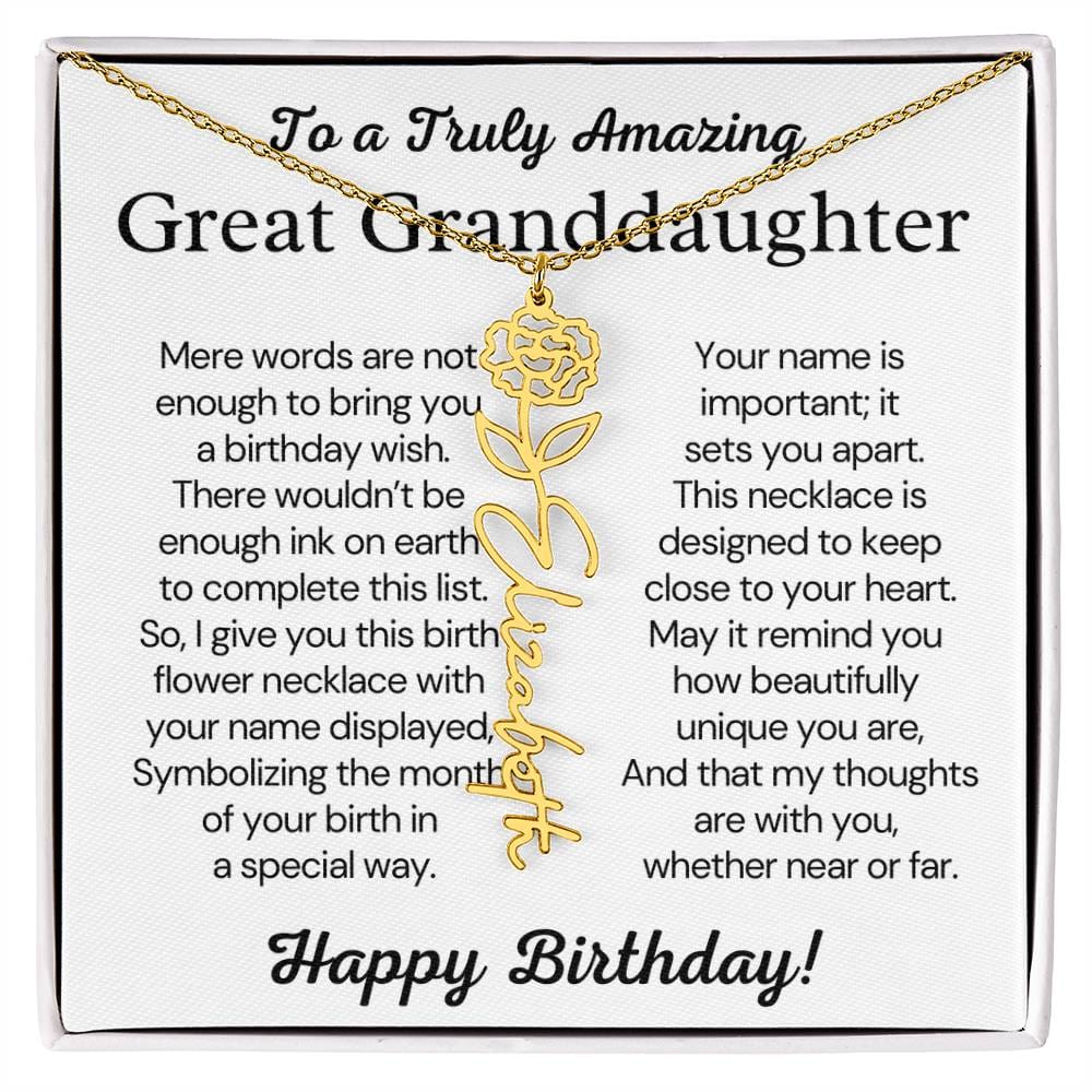 Personalized Birthday Gift for Great Granddaughter – Customized Birth Flower Name Necklace – Custom Jewelry Gift from Grandma