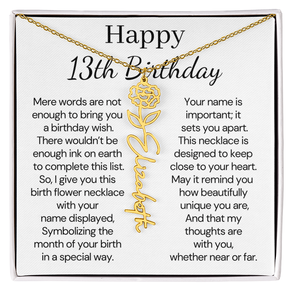 Personalized 13th Birthday Gift for Her – Customized Birth Flower Name Necklace – Teen Birthday Jewelry Gift for Granddaughter, Daughter, or Niece