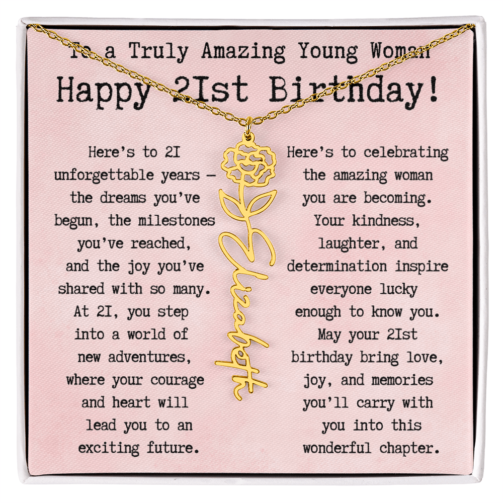 Personalized 21st Birthday Gift for Her – Customized Birth Flower Name Necklace – Unique Twenty-First Birthday Jewelry Gift from Grandma, Mom, Aunt, or Friend
