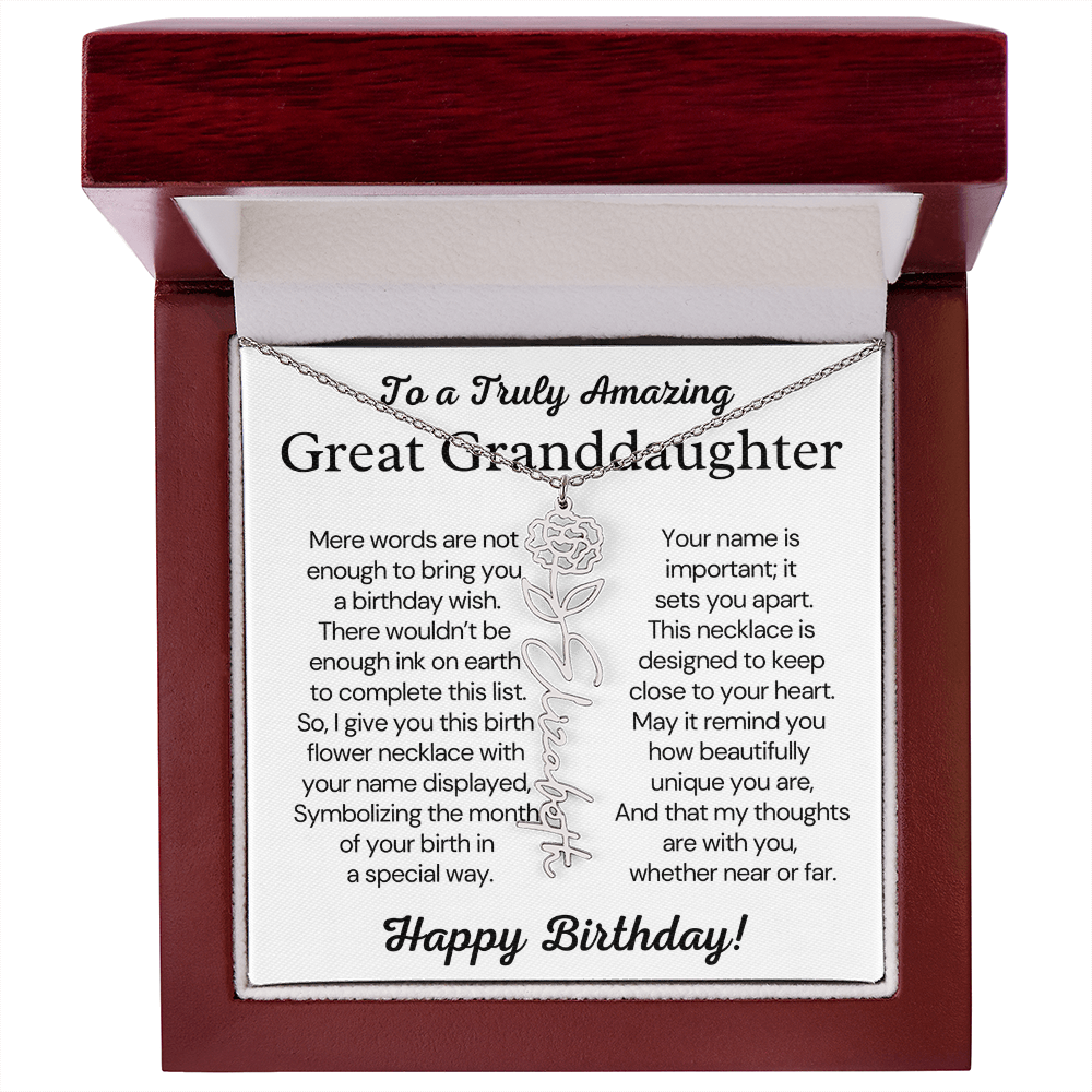 Personalized Birthday Gift for Great Granddaughter – Customized Birth Flower Name Necklace – Custom Jewelry Gift from Grandma
