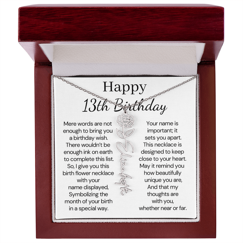 Personalized 13th Birthday Gift for Her – Customized Birth Flower Name Necklace – Teen Birthday Jewelry Gift for Granddaughter, Daughter, or Niece