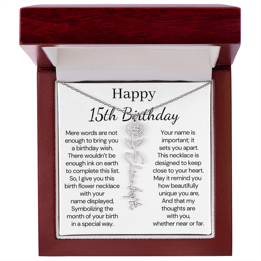 Personalized 15th Birthday Gift for Her – Customized Birth Flower Name Necklace – 15th Birthday Jewelry Gift for Granddaughter, Daughter, or Niece