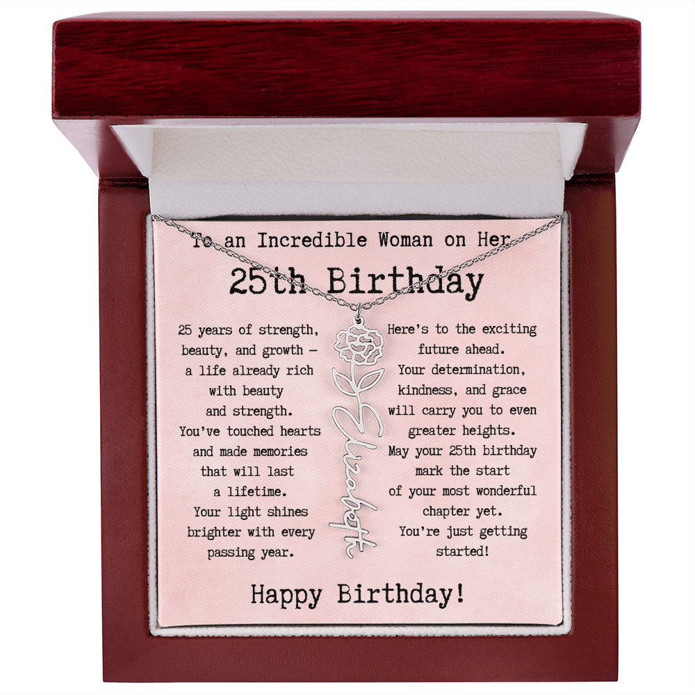 Personalized 25th Birthday Gift for Her – Customized Birth Flower Name Necklace – Unique Twenty-Fifth Birthday Jewelry Gift from Grandma, Mom, Aunt, or Friend