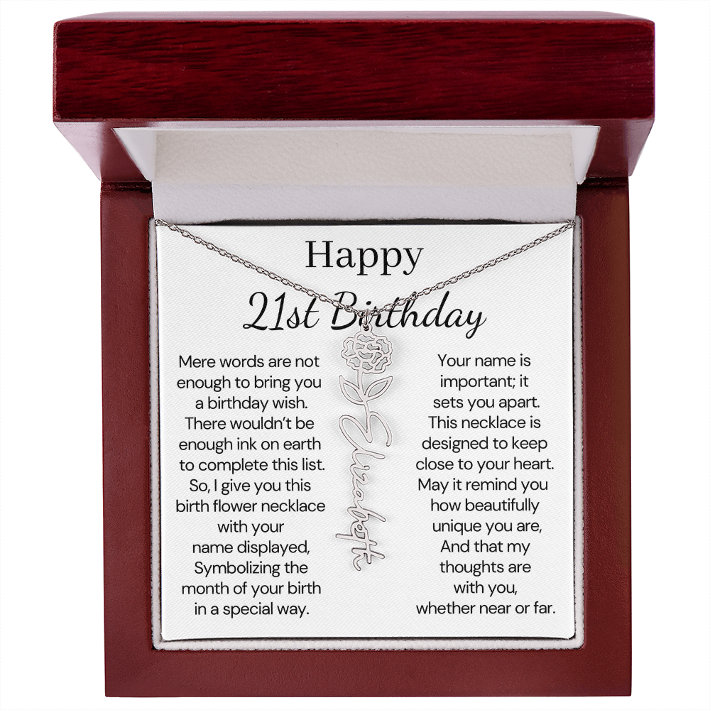 Personalized 21st Birthday Gift for Her – Customized Birth Flower Name Necklace – 21st Birthday Jewelry Gift for Granddaughter, Daughter, or Niece