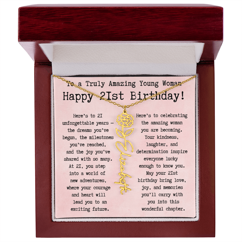 Personalized 21st Birthday Gift for Her – Customized Birth Flower Name Necklace – Unique Twenty-First Birthday Jewelry Gift from Grandma, Mom, Aunt, or Friend