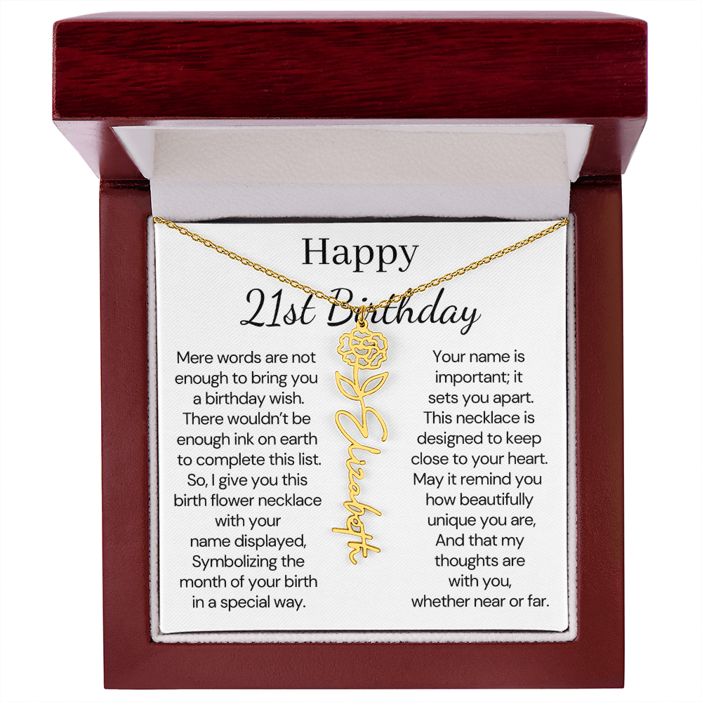 Personalized 21st Birthday Gift for Her – Customized Birth Flower Name Necklace – 21st Birthday Jewelry Gift for Granddaughter, Daughter, or Niece