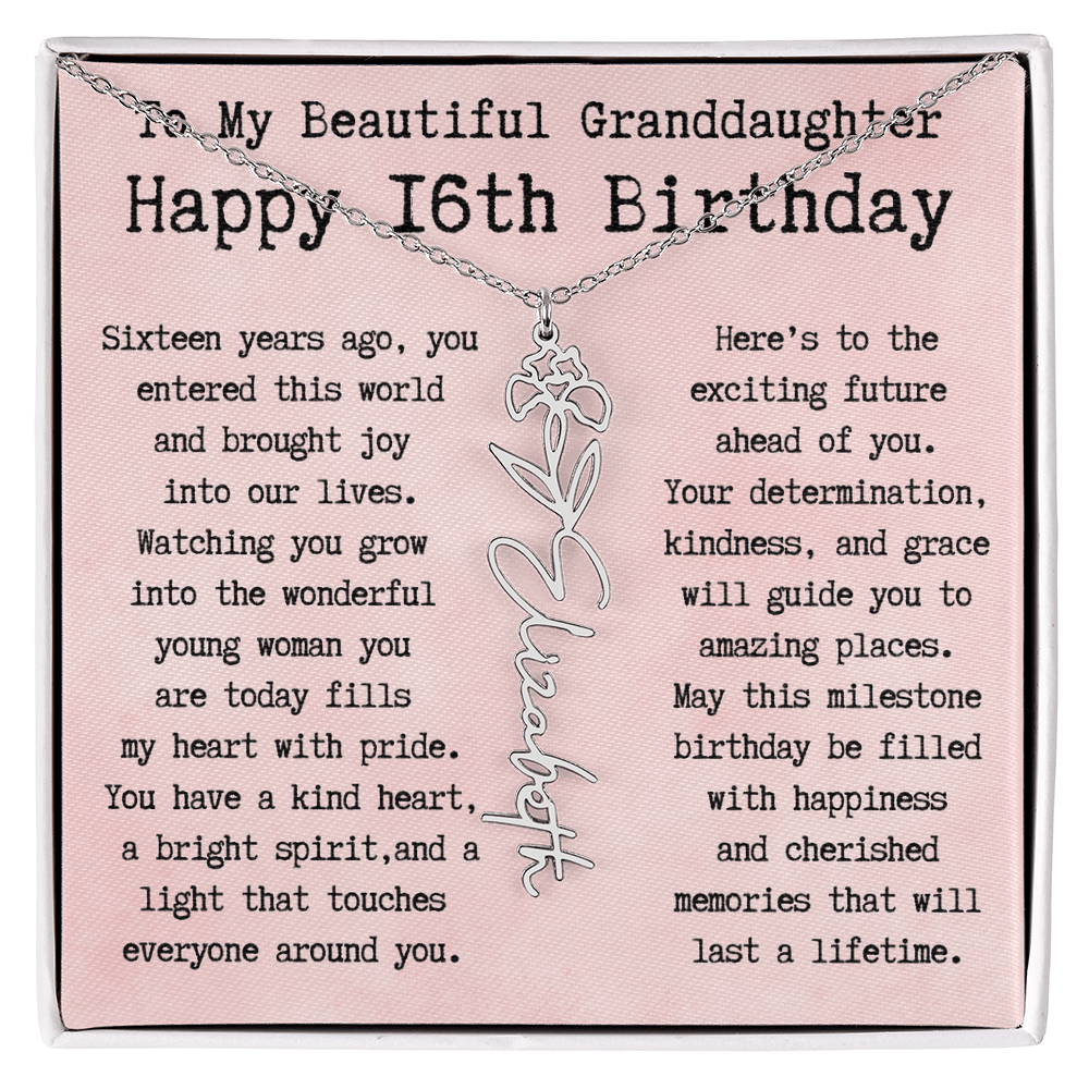 Personalized 16th Birthday Gift for Granddaughter – Customized Birth Flower Name Necklace – Sweet Sixteenth Jewelry Gift from Grandma