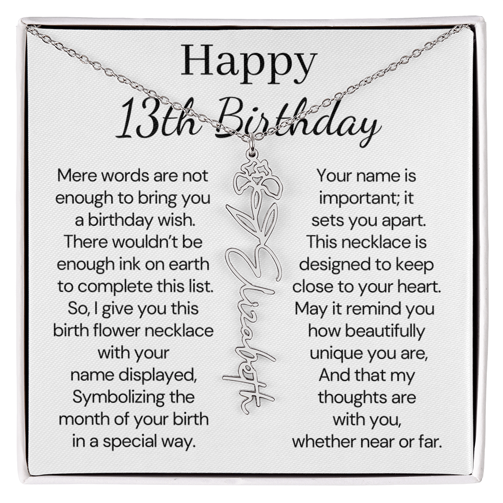 Personalized 13th Birthday Gift for Her – Customized Birth Flower Name Necklace – Teen Birthday Jewelry Gift for Granddaughter, Daughter, or Niece