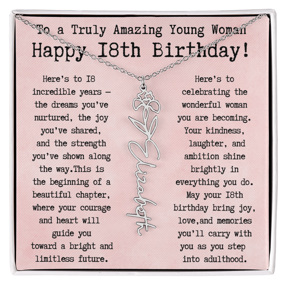 Personalized 18th Birthday Gift for Her – Customized Birth Flower Name Necklace – Unique Eighteenth Birthday Jewelry Gift from Grandma, Mom, Aunt, or Friend