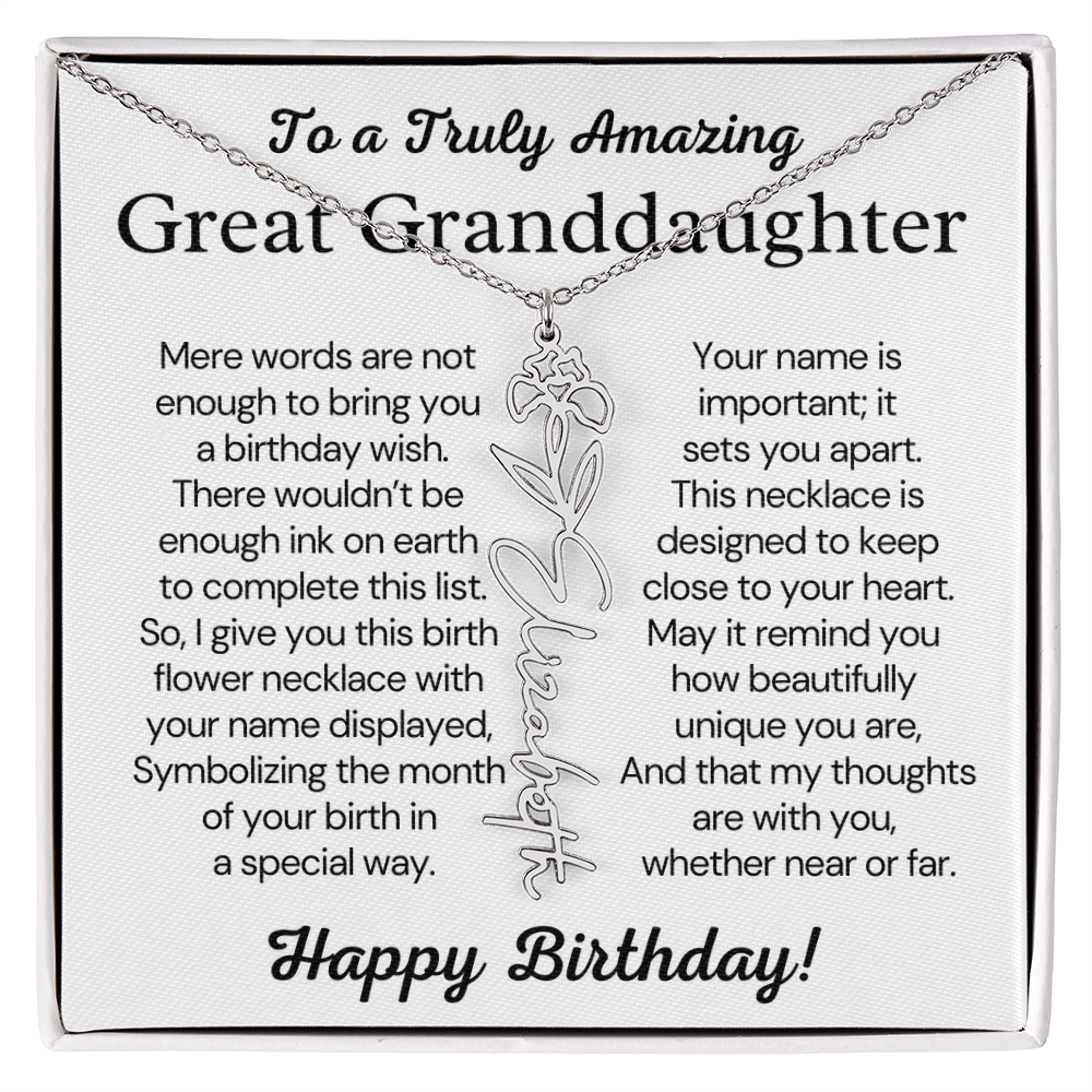 Personalized Birthday Gift for Great Granddaughter – Customized Birth Flower Name Necklace – Custom Jewelry Gift from Grandma