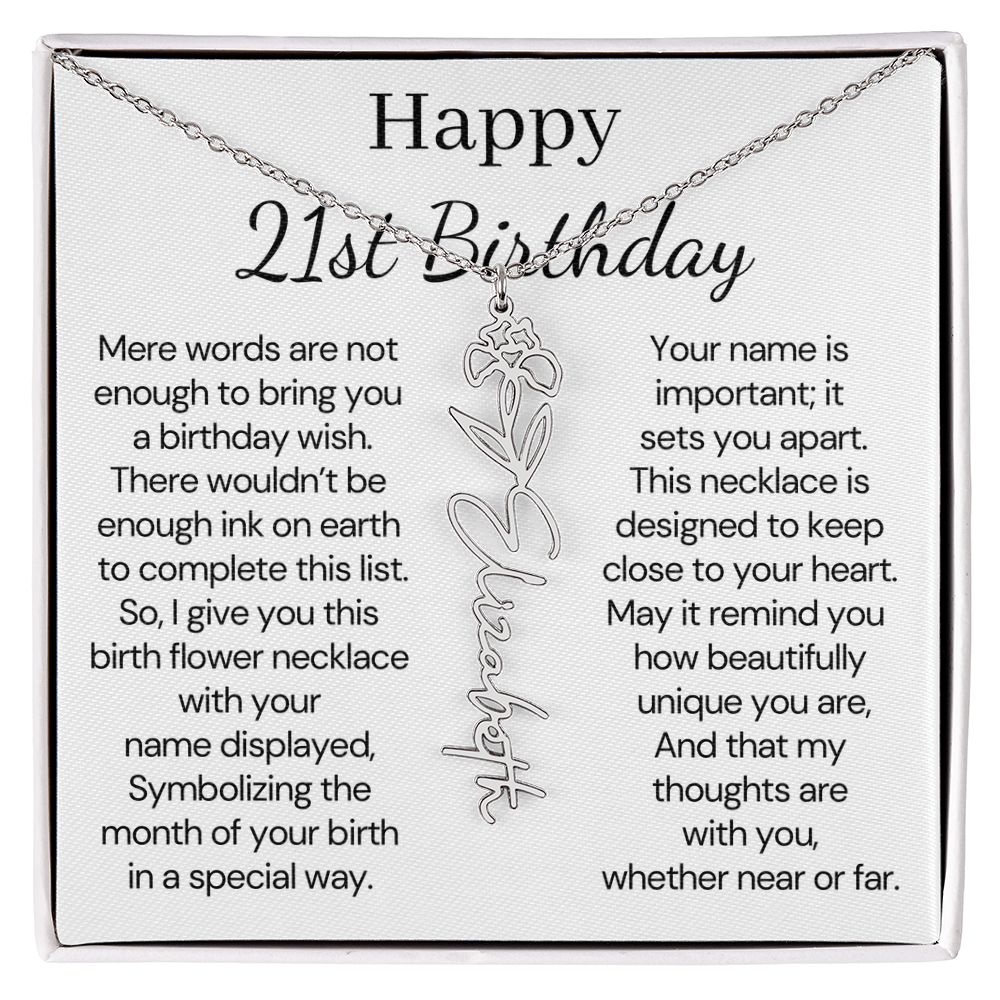 Personalized 21st Birthday Gift for Her – Customized Birth Flower Name Necklace – 21st Birthday Jewelry Gift for Granddaughter, Daughter, or Niece
