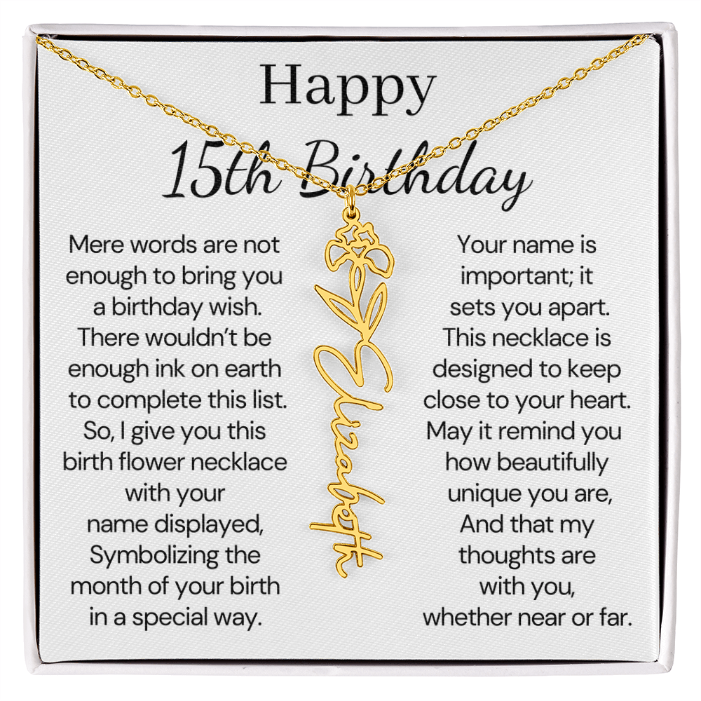 Personalized 15th Birthday Gift for Her – Customized Birth Flower Name Necklace – 15th Birthday Jewelry Gift for Granddaughter, Daughter, or Niece