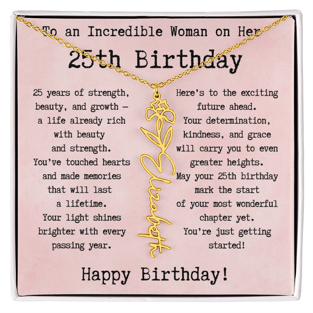 Personalized 25th Birthday Gift for Her – Customized Birth Flower Name Necklace – Unique Twenty-Fifth Birthday Jewelry Gift from Grandma, Mom, Aunt, or Friend