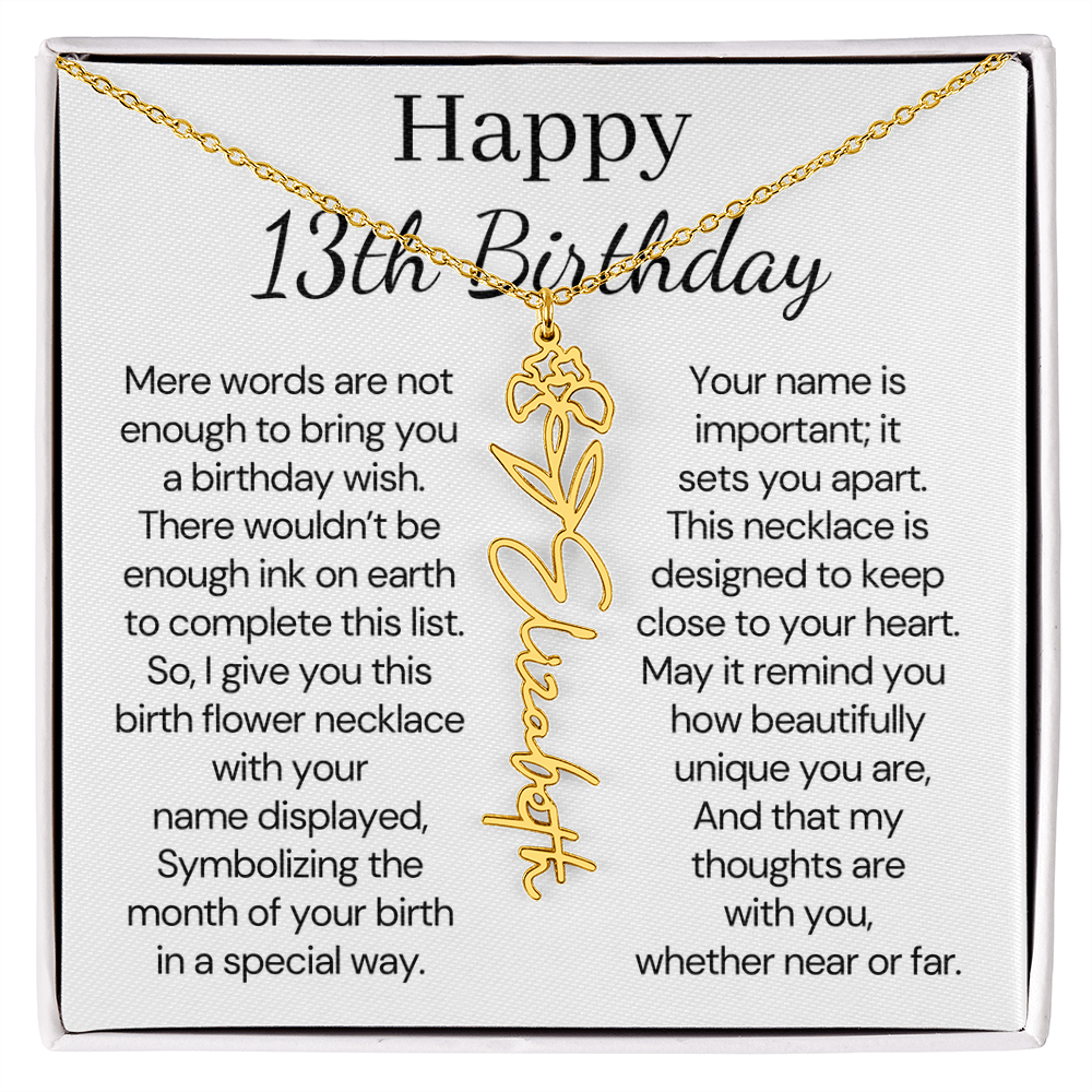Personalized 13th Birthday Gift for Her – Customized Birth Flower Name Necklace – Teen Birthday Jewelry Gift for Granddaughter, Daughter, or Niece
