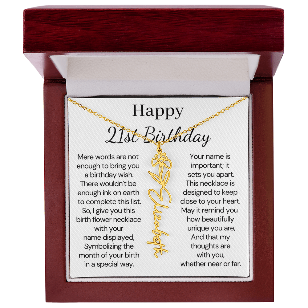 Personalized 21st Birthday Gift for Her – Customized Birth Flower Name Necklace – 21st Birthday Jewelry Gift for Granddaughter, Daughter, or Niece