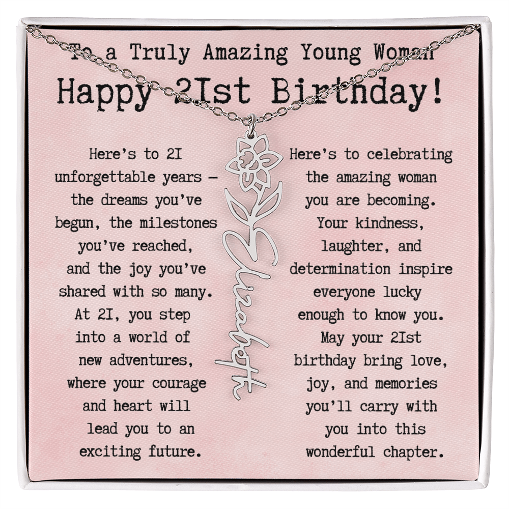 Personalized 21st Birthday Gift for Her – Customized Birth Flower Name Necklace – Unique Twenty-First Birthday Jewelry Gift from Grandma, Mom, Aunt, or Friend