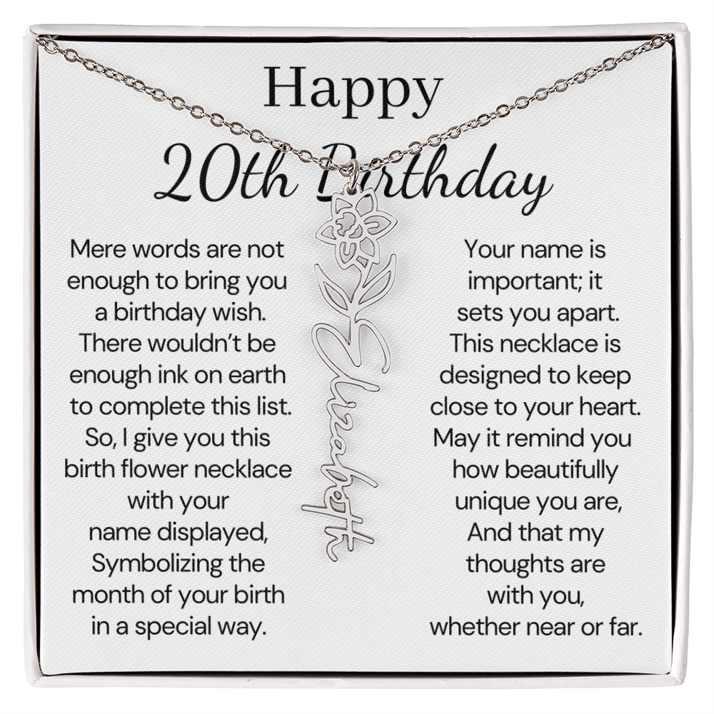 Personalized 20th Birthday Gift for Her – Customized Birth Flower Name Necklace – 20th Birthday Jewelry Gift for Daughter, Granddaughter, or Niece