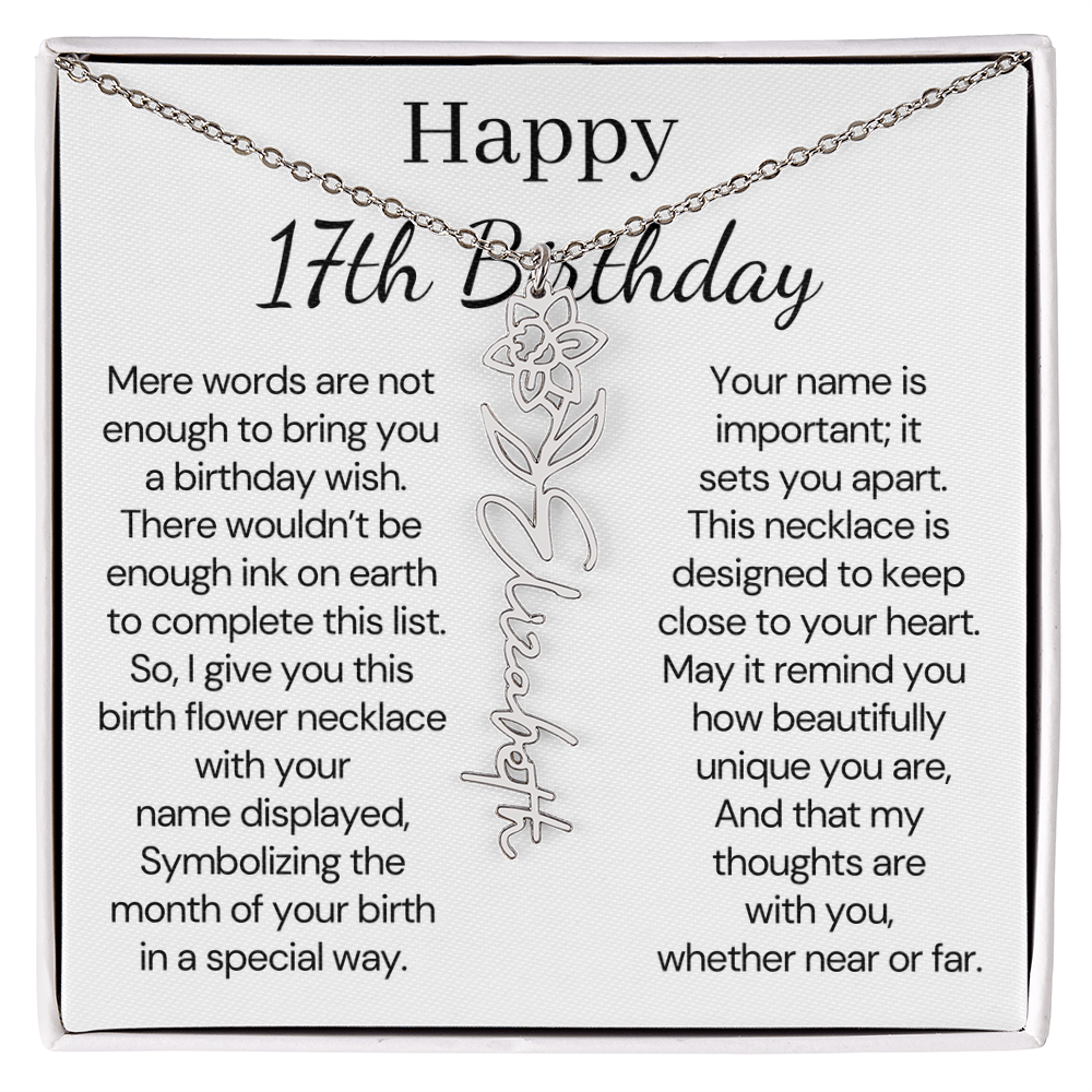 Personalized 17th Birthday Gift for Her – Customized Birth Flower Name Necklace – Jewelry Gift for Daughter, Granddaughter, or Niece