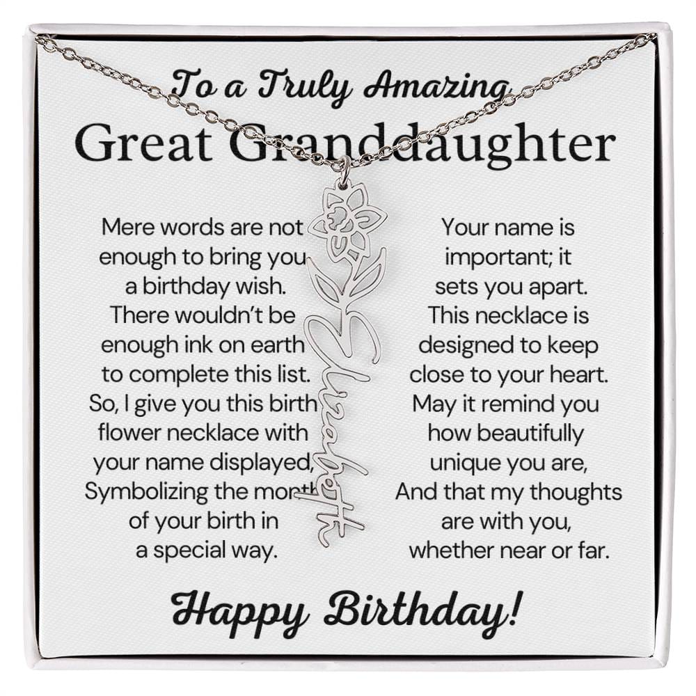 Personalized Birthday Gift for Great Granddaughter – Customized Birth Flower Name Necklace – Custom Jewelry Gift from Grandma