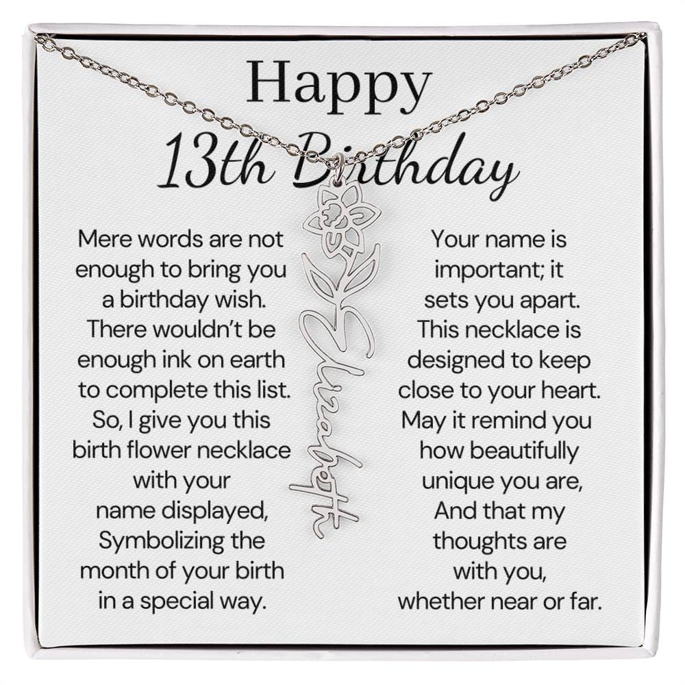 Personalized 13th Birthday Gift for Her – Customized Birth Flower Name Necklace – Teen Birthday Jewelry Gift for Granddaughter, Daughter, or Niece