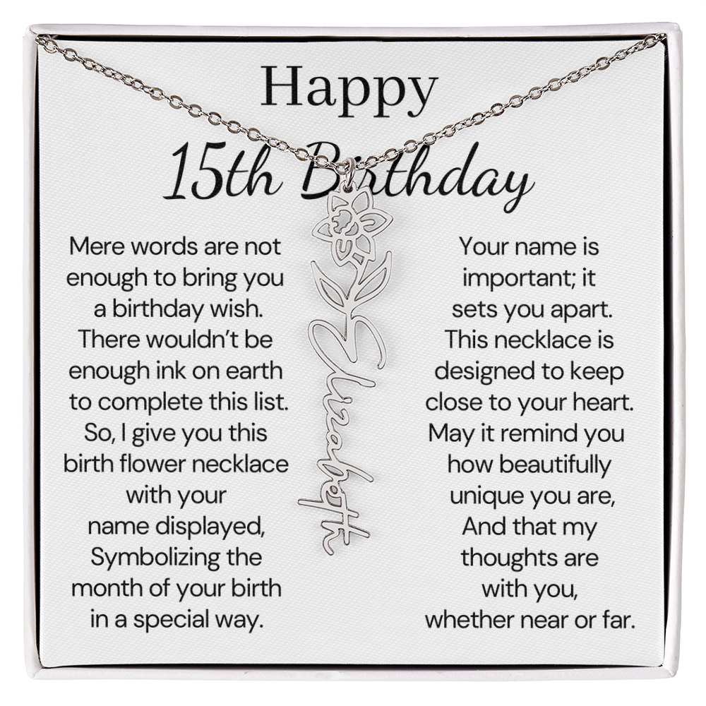 Personalized 15th Birthday Gift for Her – Customized Birth Flower Name Necklace – 15th Birthday Jewelry Gift for Granddaughter, Daughter, or Niece