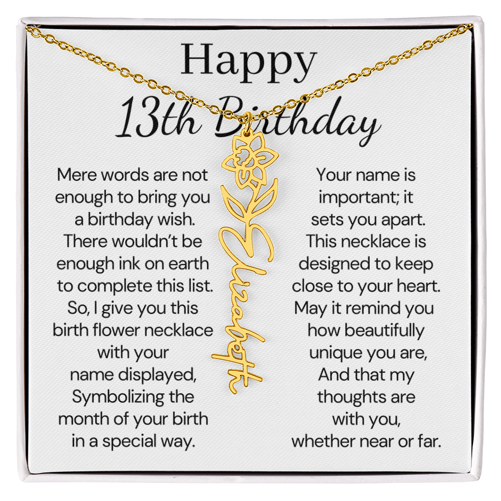 Personalized 13th Birthday Gift for Her – Customized Birth Flower Name Necklace – Teen Birthday Jewelry Gift for Granddaughter, Daughter, or Niece