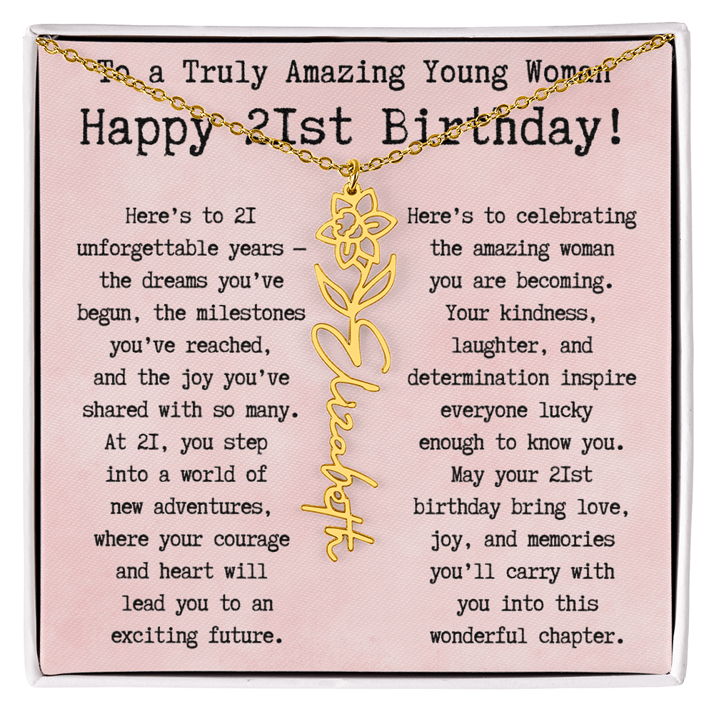Personalized 21st Birthday Gift for Her – Customized Birth Flower Name Necklace – Unique Twenty-First Birthday Jewelry Gift from Grandma, Mom, Aunt, or Friend
