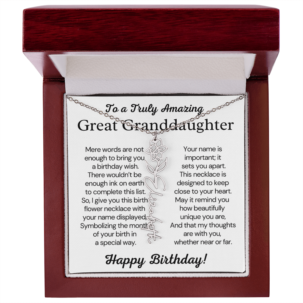 Personalized Birthday Gift for Great Granddaughter – Customized Birth Flower Name Necklace – Custom Jewelry Gift from Grandma